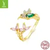 Anillo de plata original con forma de colibrí y flor, apertura de anillo, circonita de color europeo y americano, baño de plata s925