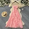 Vestido regata amarelo dopamina estilo francês para mulheres, verão de 2026, com babados, acinturado, modelador, vestido longo estilo férias