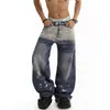 Pantalones Vaqueros Unisex Estilo Retro Americano con Salpicaduras, Navaja Curva, High Street, Desgastados, Lavados, Holgados, Pierna Ancha, Largo hasta el Suelo