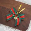 Decorações de Natal Laço Xadrez Borgonha Sino Flores Enfeites para Árvore de Natal Acessórios para Embalagem de Presente de Feriado