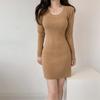 Vestido de punto de manga larga transfronterizo color sólido 2024 nuevo ajustado falda a la cadera suéter para llevar debajo falda de cuello redondo