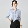 Primavera, Otoño, Invierno Alta Gama Rosa Grisáceo Acetato Satín Cuello en V Cinta Profesional Camisa para Mujer Viaje Diario Manga Larga Blusa