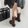 Botas Versáteis Retrô Marrons Estilo Britânico de Solado Grosso para Mulheres 2025 Novo Outono Popular Botas Curtas de Cowboy Ocidental