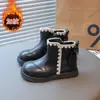 Botas de Couro para Meninas Estilo Outono e Inverno Botas Curtas Crianças Dr. Botas Quentes de Algodão Veludo Estilo Martens Plus Sola Macia Antiderrapante Botas Princesa Laço