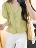 Camisa de Tencel con Mangas Abullonadas para Mujer, Estilo Corto, Nuevo Top Ajustado Verano 2025 para Mujeres Menudas, Medición Real para Tallas Menudas