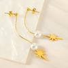 Brincos Simples de Estilo Retrô Francês com Design de Borla de Pérola em Estrela de Oito Pontas Linha de Aço Inoxidável Banhado a Ouro 18K