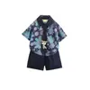 Traje Casual de Verano para Niños, Conjunto de Dos Piezas de Moda para Bebés, Camisa con Corbata Floral Azul Marino Estilo Coreano