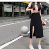 20226 Falda Negra de Verano para Mujer Estilo Francés Hepburn, Línea A, Cintura Alta, Adelgazante, Plisada, Abertura Lateral