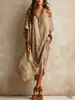 Em estoque 2026 Vestido de algodão e linho estilo europeu e americano de um ombro para mulheres, corte solto, mangas morcego, comprimento médio, fenda, vestido de férias, transfronteiriço