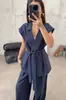 2026 Aliexpress Nuevo Moda Casual Transfronteriza Europea y Americana Cardigan sin Mangas con Lazo y Conjunto de Pantalones de Color Sólido de Dos Piezas