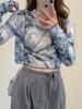 Nova camiseta básica tie-dye de manga longa para o verão de 2023, feminina, gola redonda, casual, proteção solar, top fino