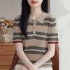 Top de Verano de Punto con Cuello Polo, Manga Corta, Ajustado, Bloques de Color Rayados Retro a la Moda para Mujer