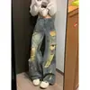 Jeans Rotos de Diseño Europeo y Americano High Street para Mujer, Estilo Perezoso Otoño Retro Teñido Viejo Sucio Pantalones de Longitud Completa