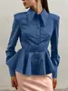 Cardigan de Manga Longa com Gola Reversível Estilo Europeu e Americano Novo Outono/Inverno 2026 para o Trabalho Retrô Cintura Marcada Emagrecedor Camisa com Barra de Babados
