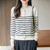 Novo cardigã de tricô com gola redonda de algodão puro, estilo outono precoce, blusa feminina listrada colorida de manga longa, solta, para primavera