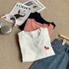 Diseño Elegante Bordado de Poni Algodón de Bambú Camiseta de Manga Corta Moda Femenina Versátil Reductor de Edad Blanco Top de Cuello Redondo Ins