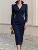 Nuevo Estilo Transfronterizo 2026: Vestido Elegante Bodycon de Longitud Media con Cuello Alto en V y Mangas Largas que Ceñe la Cintura para el Trabajo, el Desplazamiento y Ocasiones Formales