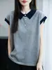 Top de Bambú y Lino para Mujer de Verano, Cuello Polo, Bloques de Color, Manga Corta, Holgado, Transpirable, Adelgazante, Artístico, Versátil, Algodón-Lino para Mujer