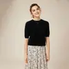 Outono e Inverno Novo Tricô de Manga Curta 100% Caxemira Pura Moda Camiseta Básica de Gola Redonda Cor Lisa para Usar por Baixo Feminina