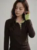 Camiseta de Manga Larga con Retazos Estilo Retro Americano Falso Dos Piezas para Mujer Otoño Nuevo Chica Picante Adelgazante Favorecedor Top