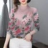 Camisa Básica Elegante com Gola Alta Meia e Estampa de Plantas de Manga Longa para Mulheres, Estilosa e Rejuvenescedora, Top Emagrecedor para Mães de Meia-Idade