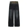 Calça Jeans Rasgada de Cintura Dupla com Efeito Duas Peças para Homem, Corte Reto Solto, Design Único de Nicho, Calça Longa Hippie Tendência