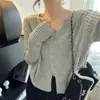 Cárdigan de Punto de Cuello V de Alta Gama Estilo Coreano para Mujer, Diseño de Primavera/Otoño, Chaqueta Corta Holgada