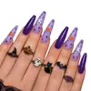 WM-67 Morado Flash Fantasma Puntas de Uña Largas en Forma de T Calabaza Fantasma de Dibujos Animados de Halloween Estrella 24 Piezas Uñas Portátiles Venta al por Mayor