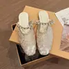 Elegantes Mocasines Planos de Malla Estilo Hada con Correa de Perlas, Zapatillas de Media Punta Cerradas para Mujer, Sandalias Slip-On