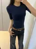 Camisa base sexy estilo coreano rosa nude de manga três quartos para mulheres, adequada para primavera, verão e outono, com corte justo e design de manga média elástica