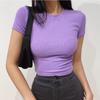 Camiseta básica de manga corta con cuello redondo pequeño, color liso, ajustada, elástica, estilo occidental, para mujer, novedad de verano