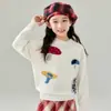 Suéter de punto grueso para niños de otoño e invierno, 100% lana pura, cuello redondo, jacquard de hongo, jersey base cálido, punto holgado