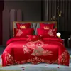 Textil Hogar Boda Juego de Cuatro Piezas Funda de Edredón Bordada para Boda Habitación de Boda Roja Cama de Boda Juego Festivo Chinoiserie