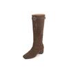 Botas de Equitação Vintage Estilo Francês Aumentadoras de Altura em Couro Camurça de Vaca 2025 Bico Quadrado Fivela Salto Alto Couro Genuíno Cano Alto