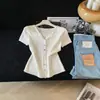 Cárdigan de punto trenzado simple y versátil con cuello en V estilo coreano, top de punto de manga corta para mujer, verano 2026, elegante, ligero, top adelgazante