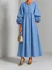 Vestido feminino liso de estilo luxuoso transfronteiriço europeu e americano com mangas de lanterna florais, um pequeno decote em V, cintura alta, detalhes franzidos e uma silhueta longa em A