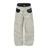 Pantalones de Mezclilla con Estampado de Leopardo, Bloques de Color y Bolsillos, Estilo Retro Americano, Moda Urbana, Corte Holgado Único, Pierna Curva para Hombre