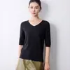 Suéter de malha fina com decote V e mangas de três quartos, novo para primavera e outono, moderno e versátil, caimento solto, modelador para mulheres