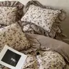 Conjunto de cama de quatro peças em linho de algodão pesado com estampa floral retrô de grau A para outono e inverno, algodão puro com acabamento em renda, estilo lençol de elástico 1,8m, 1,5