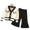 Conjunto de Suéter para Niña Conjunto de Dos Piezas Tejido Comercio Exterior Nuevo Estilo Otoño e Invierno Conjunto de Suéter Cardigan y Pantalones Acampanados para Bebé