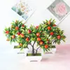 Flor artificial frutal en maceta 16 mallas fresa árbol pequeño bonsái flor de plástico planta verde flor artificial flor en maceta adornos decorativos