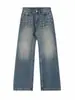 Pantalones de Mezclilla Lavada de Cintura Alta Estilo Callejero Retro Americano Personalizados para Hombres y Mujeres Tendencia Primavera y Otoño Diseño de Remaches Pantalones Largos de Pierna Ancha