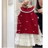 [Pequeño Chef Dulce] ¡Estética de Ballet! Conjunto de Chaleco Rojo Bordado con Moño para Bebé Niña y Pantalón Falda de Pastel Calado