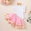 Venda Direta de Fábrica Transfronteiriça Vestido para Sessão de Fotos do Primeiro Aniversário do Bebê Macacão com Mangas Curtas Leves Saia de Gaze Fofa com Acabamento Dourado Conjunto de Acessórios de Cabelo