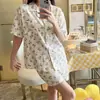 Cardigan feminino de manga curta para pijama de verão feminino de algodão bolha tecido crepe ins doce conjunto homewear