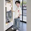 Nuevo Estilo Niños Tendencia Fútbol Manga Corta Jeans Ropa Marca de Moda Comercio Exterior Ropa Infantil Niños Conjunto de Verano