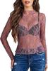 Blusa Transparente de Encaje para Mujer Manga Larga Cuello Alto Transparente con Encaje Floral