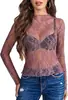Blusa de encaje para mujer, nueva, 2024, con cuello de manga larga, transparente, con perspectiva floral y encaje.. toma real