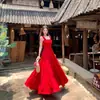 Vestido Suspensório Plissado Estiloso Retro para Férias Feminino, Novo Estilo de Primavera, Acinturado, Elegante Vestido Longo