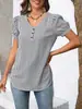 Amazon 2026 Verano Nuevo Transfronterizo Europeo y Americano Camisa de Mujer Casual Color Sólido Cuello en V Botones Versátil Camiseta Rayada